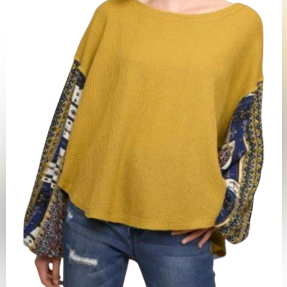 Umgee Oversized Waffle Knit Top Small Abstract Yellow Green Chartreuse F… - Picture 2 of 14